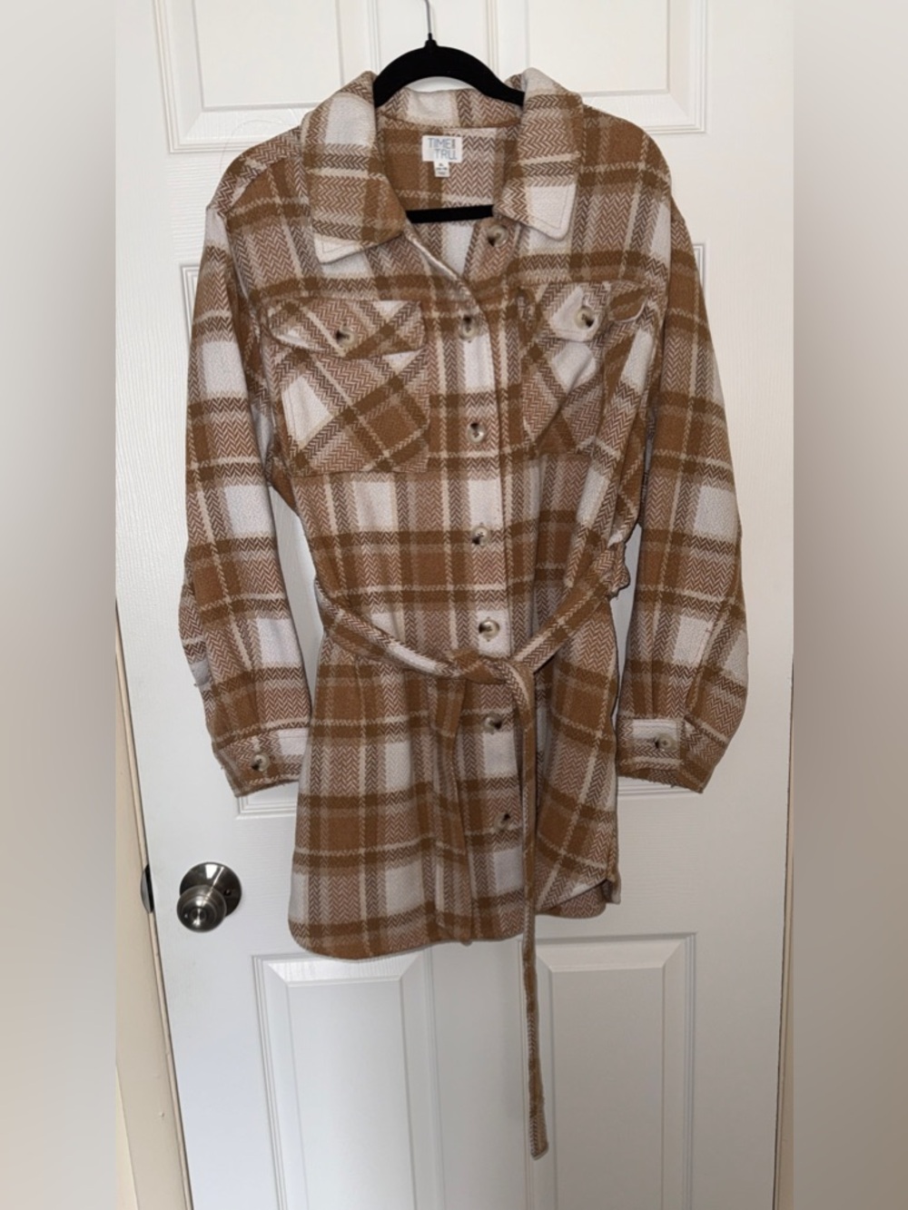 Tan and White Plaid Belted Shacket